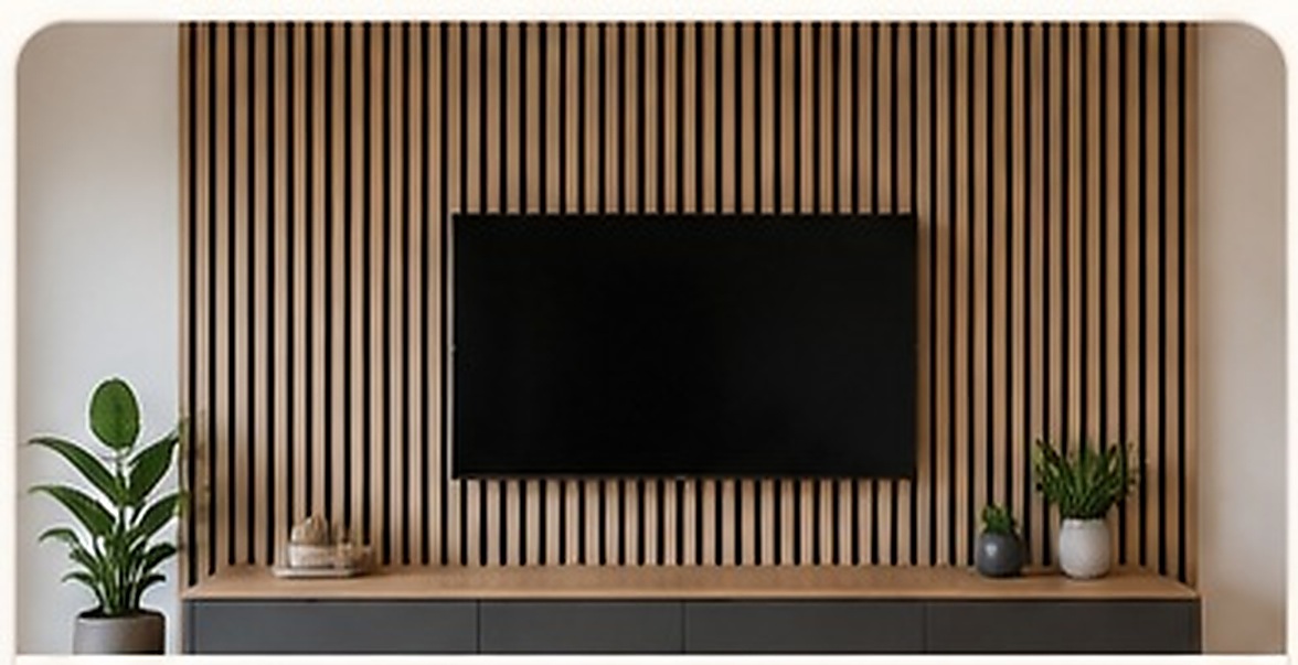 Beispiel einer TV-Wand mit Akustikpaneelen