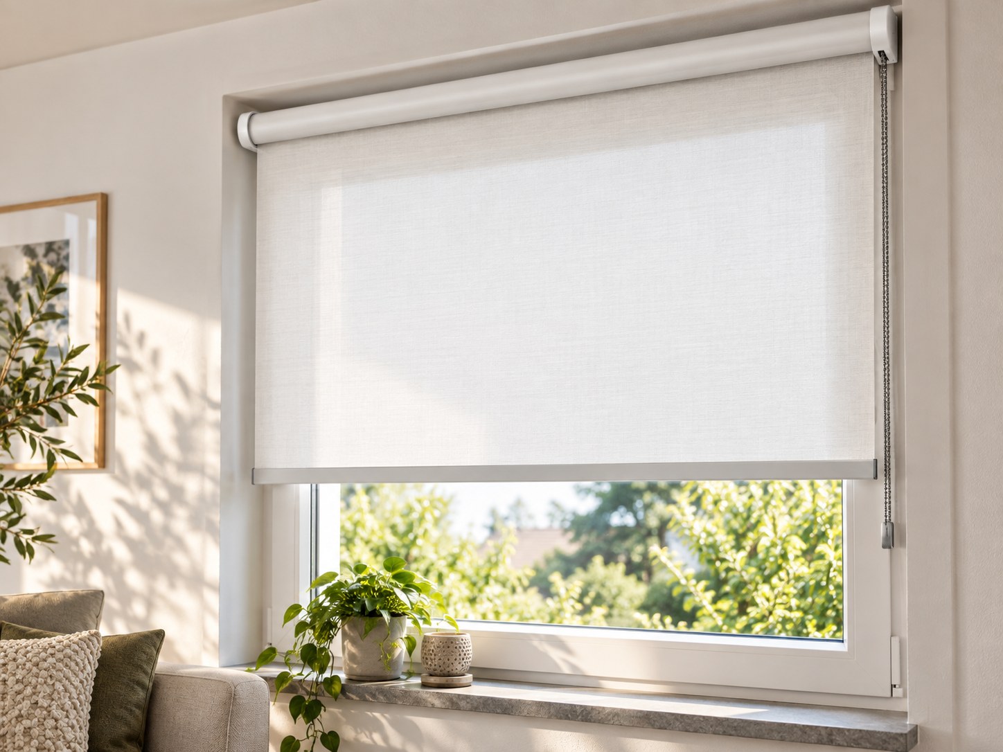 Beispiel eines deutlich sichtbaren Rollos mit Kassette und Kettenzug an einem Fenster